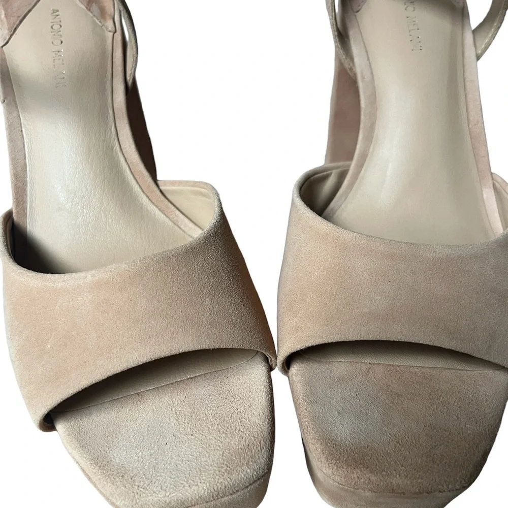 ANTONIO MELANI Bonny Suede‎ Platform Block Heel Sandals Beige Size 10